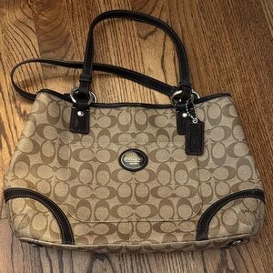 Coach Tan and Black Signature Shoulder Bag